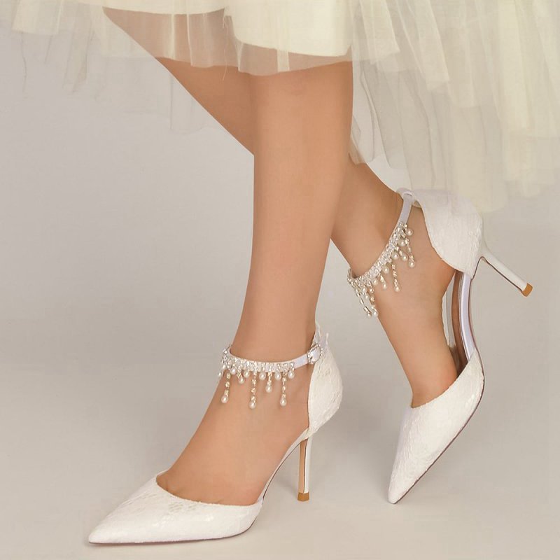 Elegant Ankle Strap Pearl Beaded Wedding Shoes