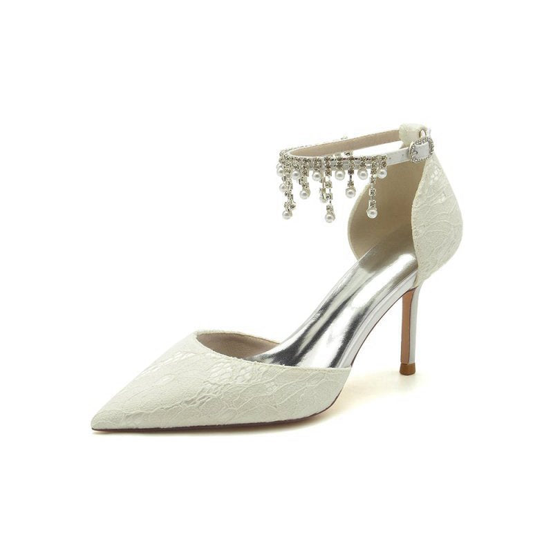 Elegant Ankle Strap Pearl Beaded Wedding Shoes