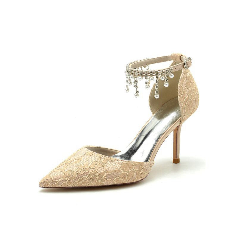 Elegant Ankle Strap Pearl Beaded Wedding Shoes
