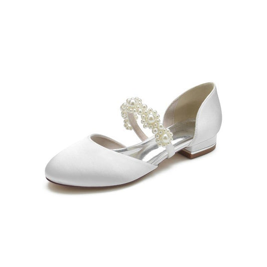 Sweet Round Toe Retro Pearl Strap Low Heels