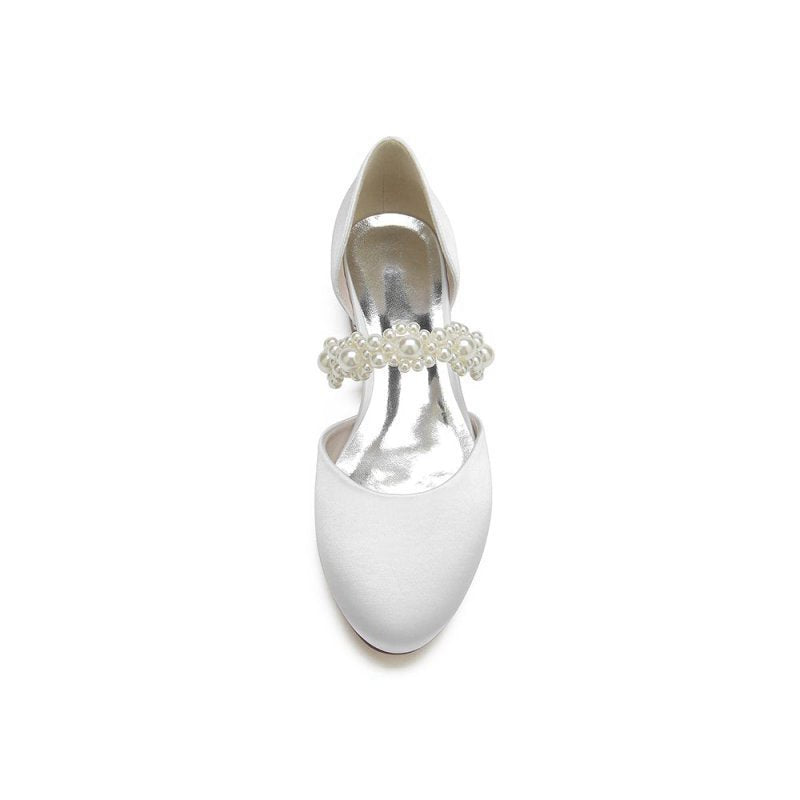 Sweet Round Toe Retro Pearl Strap Low Heels
