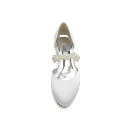 Sweet Round Toe Retro Pearl Strap Low Heels
