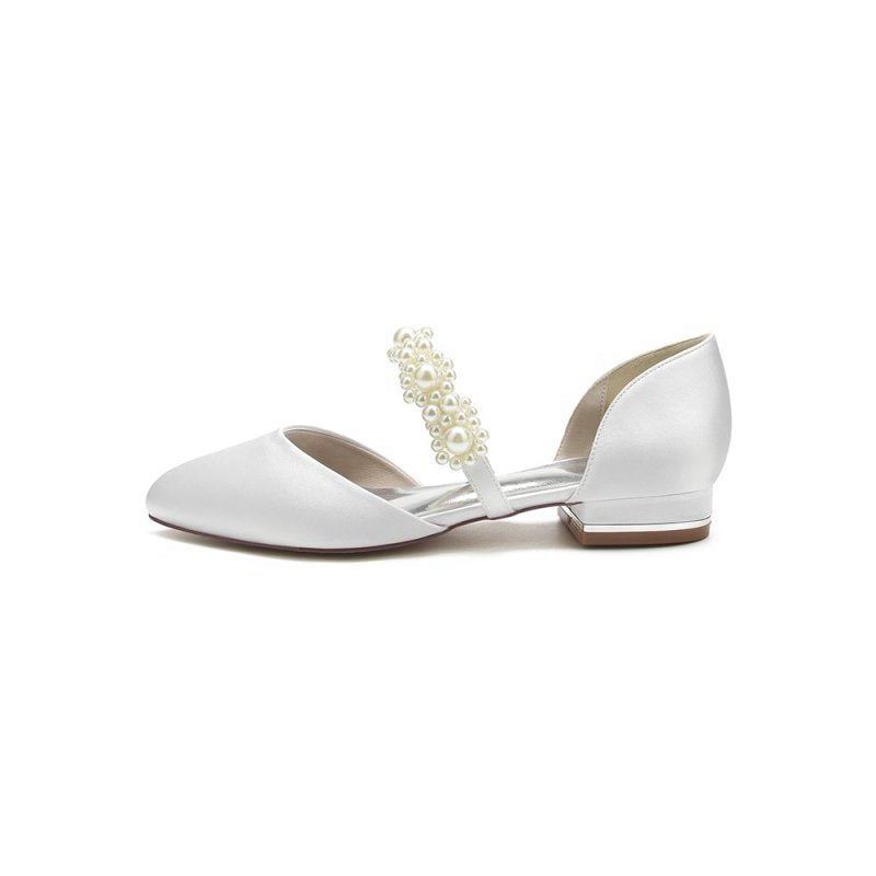Sweet Round Toe Retro Pearl Strap Low Heels