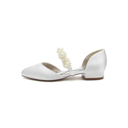 Sweet Round Toe Retro Pearl Strap Low Heels