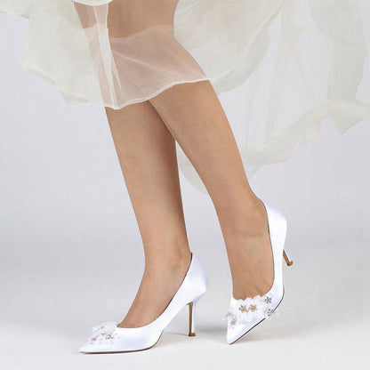 Satin Wedding Shoes Stiletto Heel With Rhinestone Flower