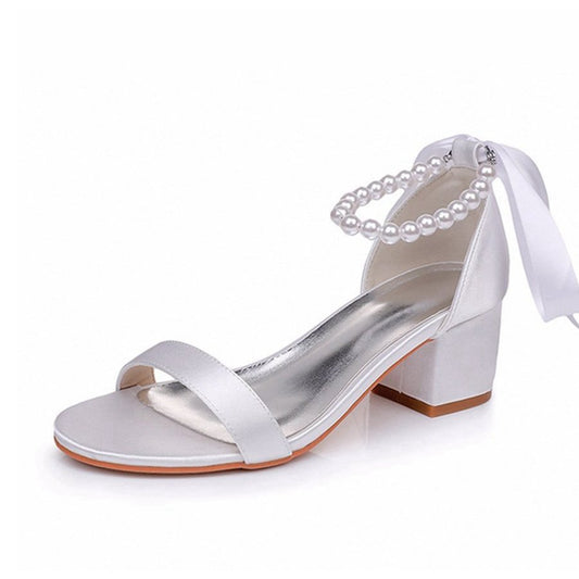 Single Strap Chunky Heels Sandals with Beaded Ribbons