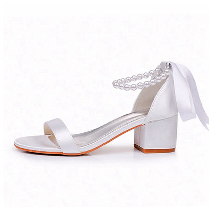 Single Strap Chunky Heels Sandals with Beaded Ribbons