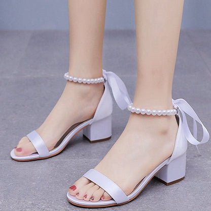 Single Strap Chunky Heels Sandals with Beaded Ribbons