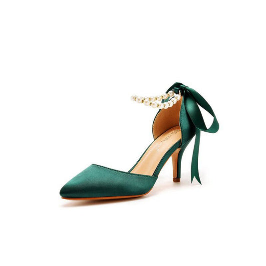 Satin Pearl Ribbon Tie Pointed Toe Ankle Strap High Heels