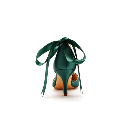 Satin Pearl Ribbon Tie Pointed Toe Ankle Strap High Heels