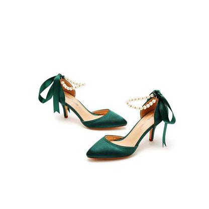 Satin Pearl Ribbon Tie Pointed Toe Ankle Strap High Heels