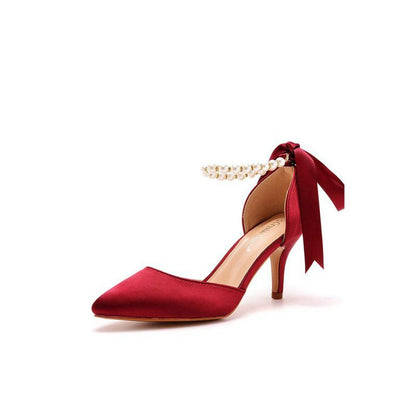 Satin Pearl Ribbon Tie Pointed Toe Ankle Strap High Heels