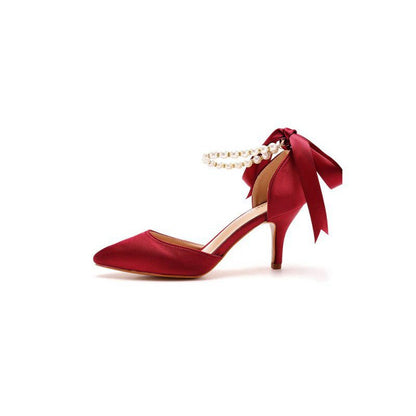 Satin Pearl Ribbon Tie Pointed Toe Ankle Strap High Heels