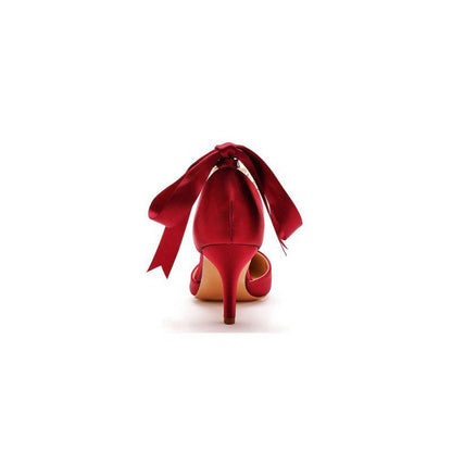 Satin Pearl Ribbon Tie Pointed Toe Ankle Strap High Heels