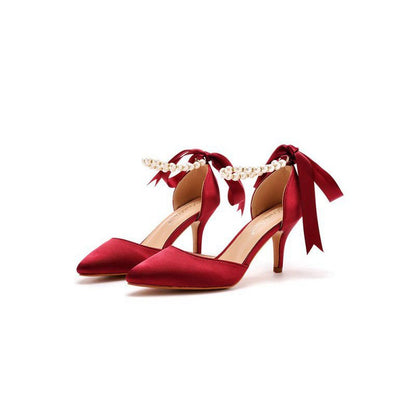 Satin Pearl Ribbon Tie Pointed Toe Ankle Strap High Heels