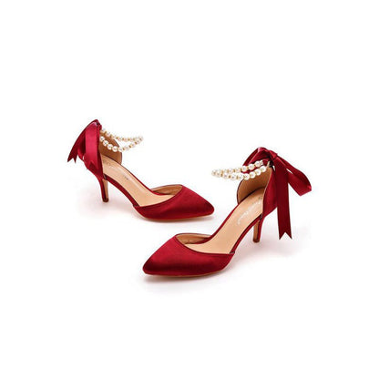 Satin Pearl Ribbon Tie Pointed Toe Ankle Strap High Heels