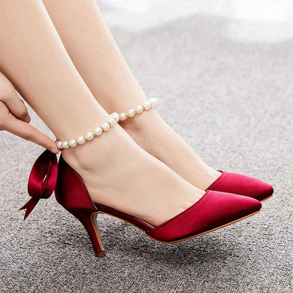 Satin Pearl Ribbon Tie Pointed Toe Ankle Strap High Heels