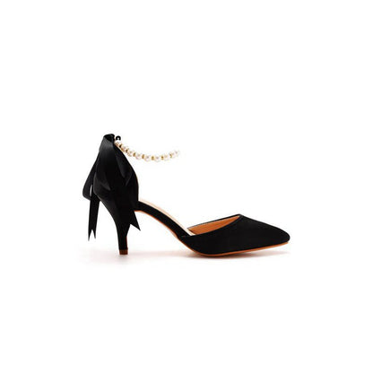 Satin Pearl Ribbon Tie Pointed Toe Ankle Strap High Heels