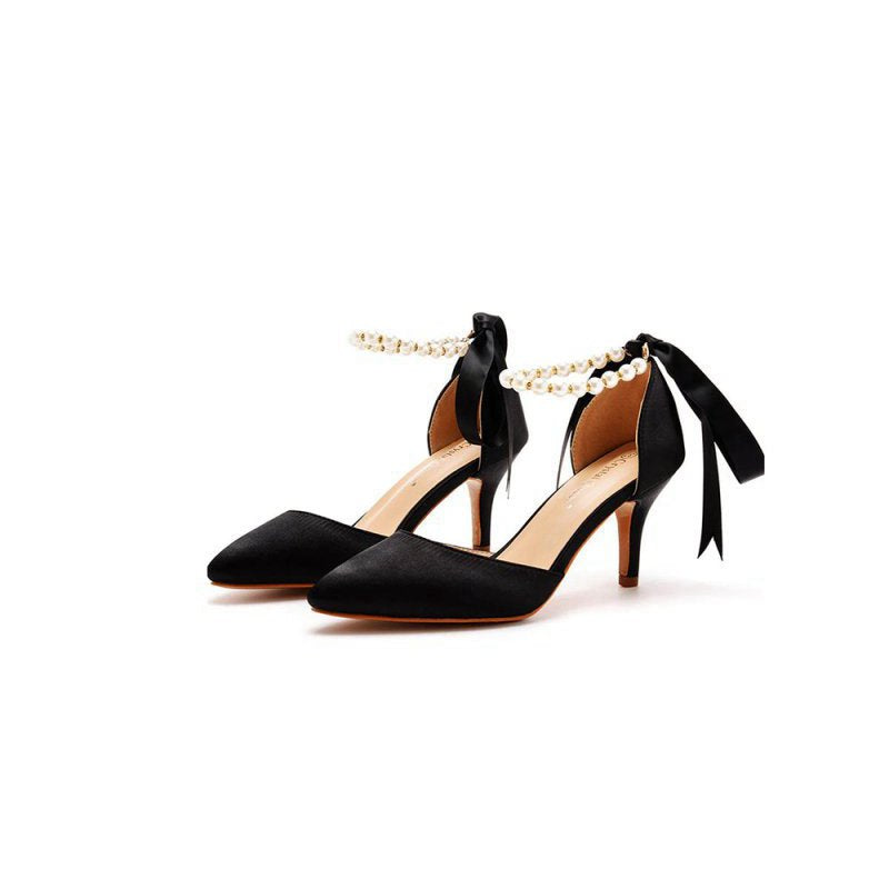 Satin Pearl Ribbon Tie Pointed Toe Ankle Strap High Heels
