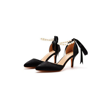 Satin Pearl Ribbon Tie Pointed Toe Ankle Strap High Heels