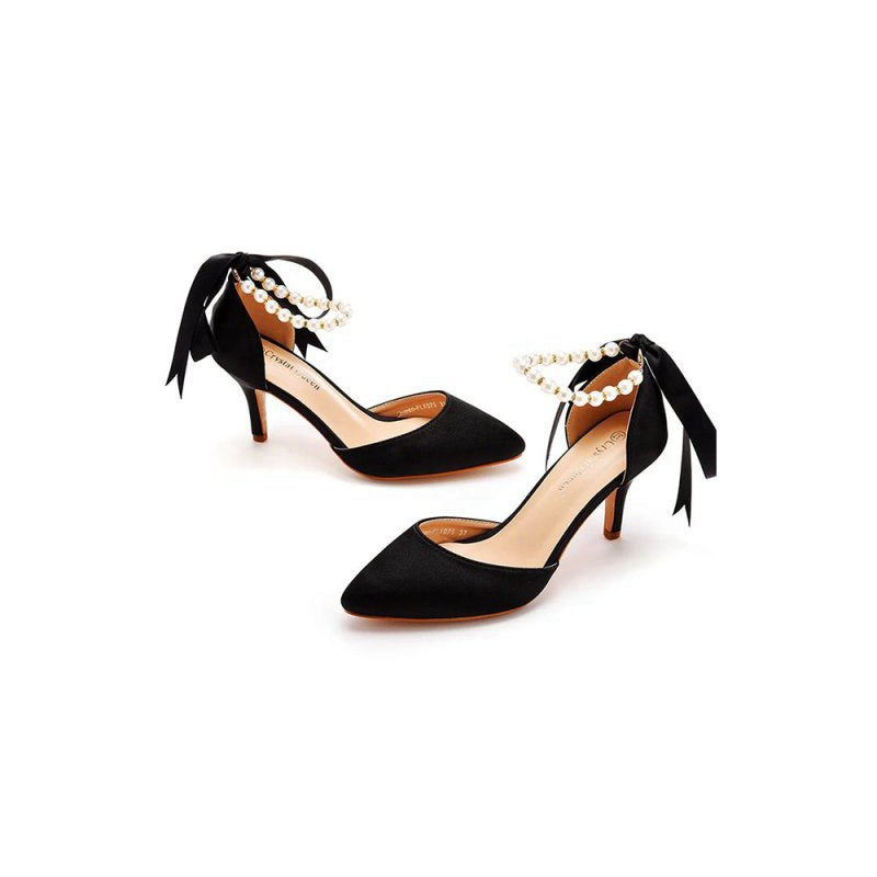 Satin Pearl Ribbon Tie Pointed Toe Ankle Strap High Heels