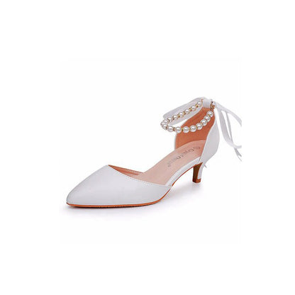 Satin Pearl Ribbon Tie Pointed Toe Ankle Strap High Heels
