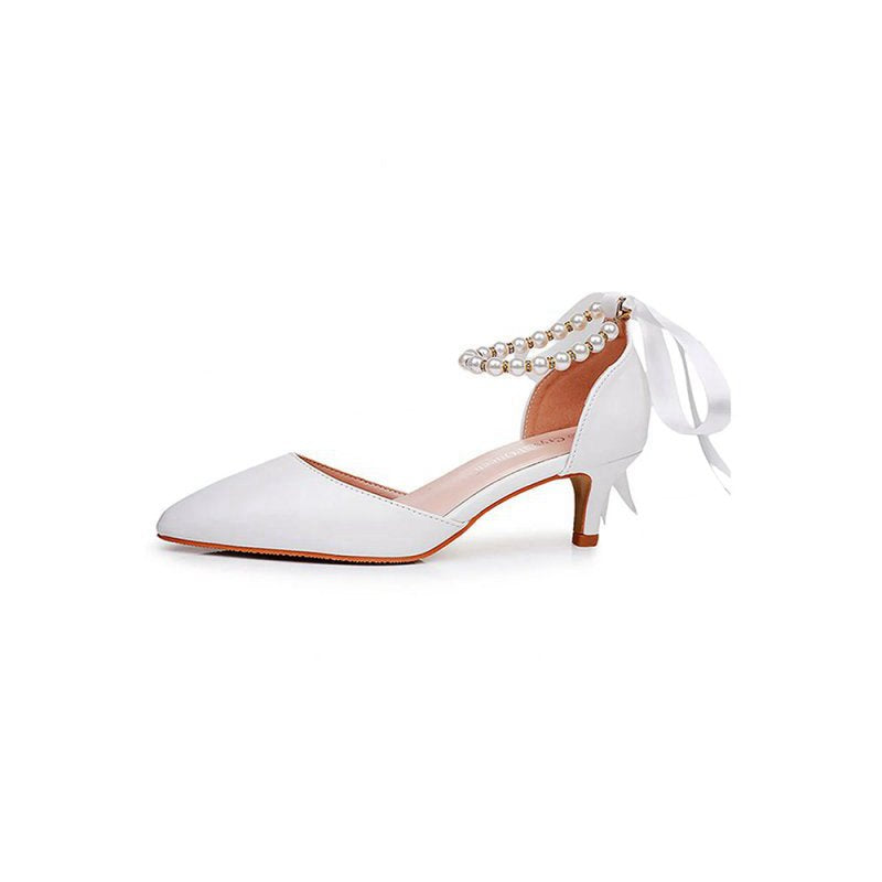 Satin Pearl Ribbon Tie Pointed Toe Ankle Strap High Heels