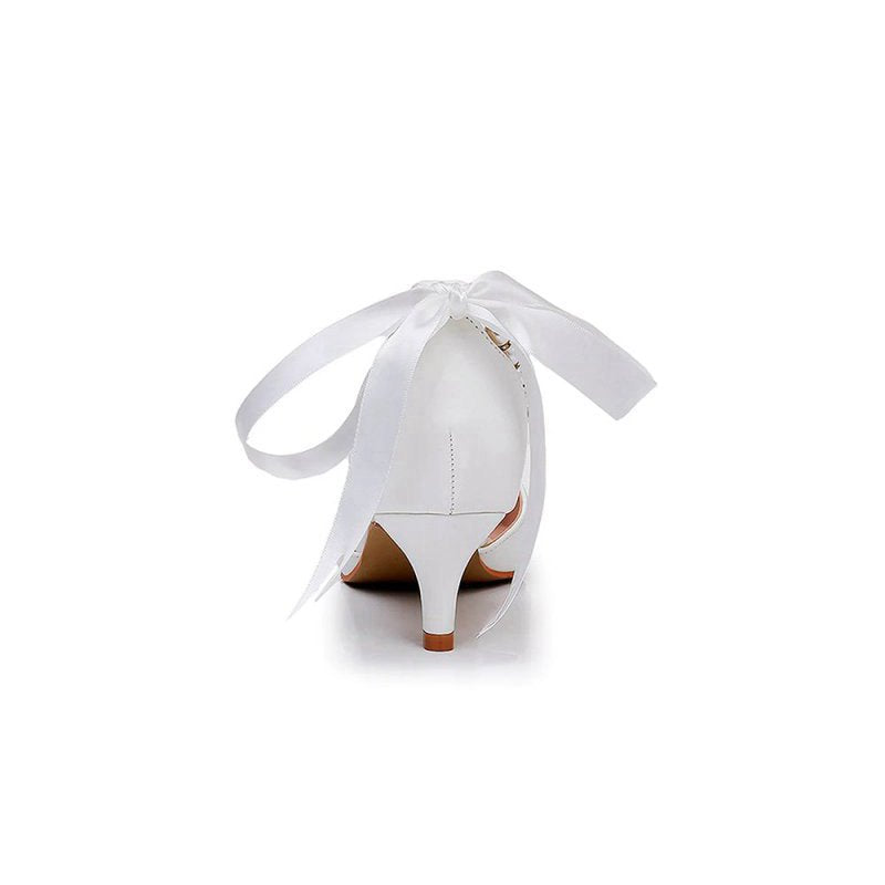 Satin Pearl Ribbon Tie Pointed Toe Ankle Strap High Heels
