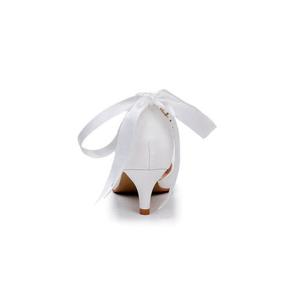 Satin Pearl Ribbon Tie Pointed Toe Ankle Strap High Heels