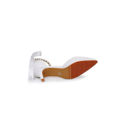 Satin Pearl Ribbon Tie Pointed Toe Ankle Strap High Heels