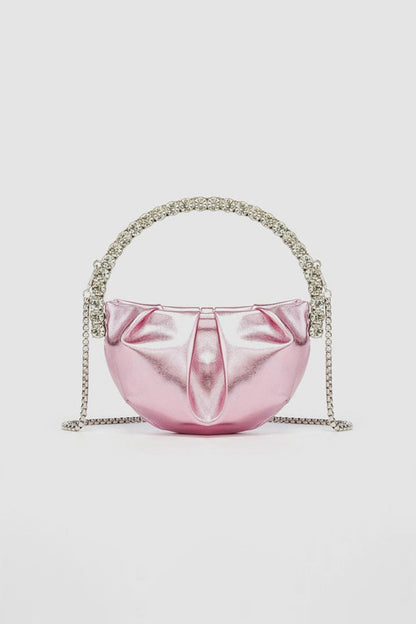 Women's Rhinestone Handle Metallic Slouchy Evening Clutch Bags