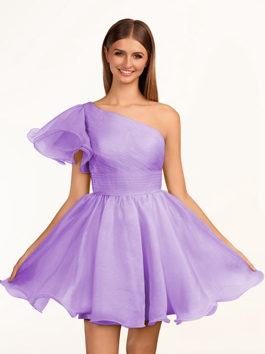 A-line One Shoulder Organza Ruffled Homecoming Dresses