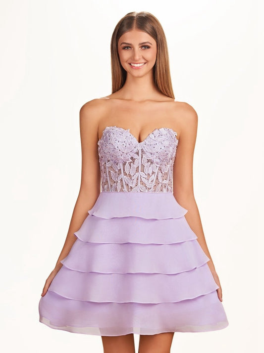 A-line Strapless Tie Corset Short Homecoming Dresses with Appliques