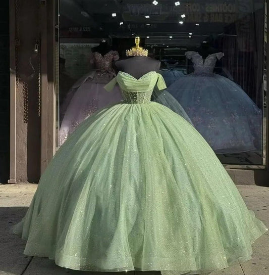Glitter Off the Shoulder Beading Tulle Long Quinceanera Dresses