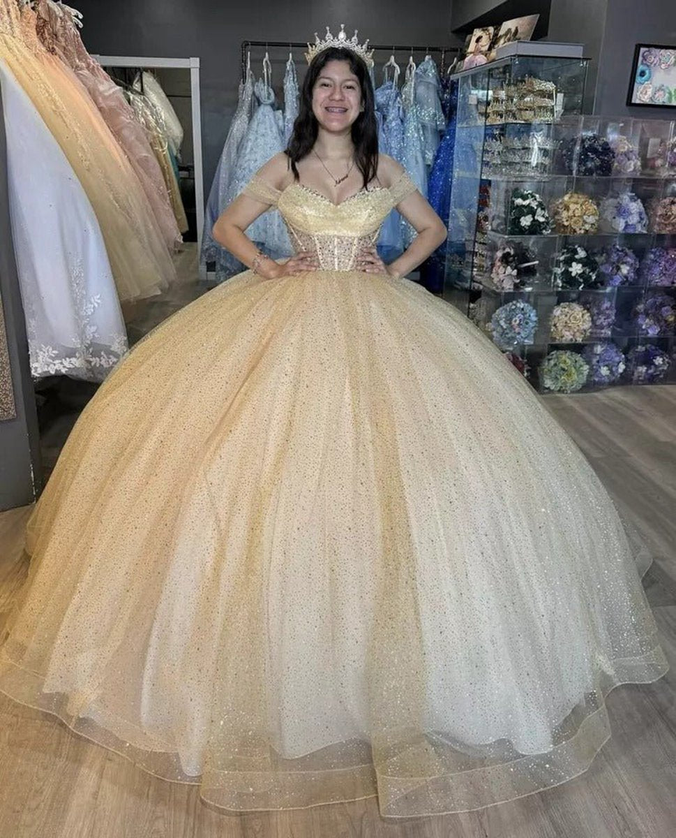 Glitter Off the Shoulder Beading Tulle Long Quinceanera Dresses