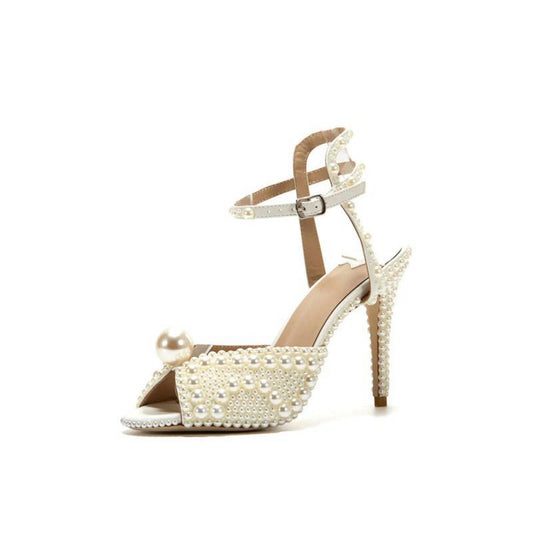 Pearl Wedding Sandals Vintage Peep Toe Ankle Strap Stiletto Bridal Heels