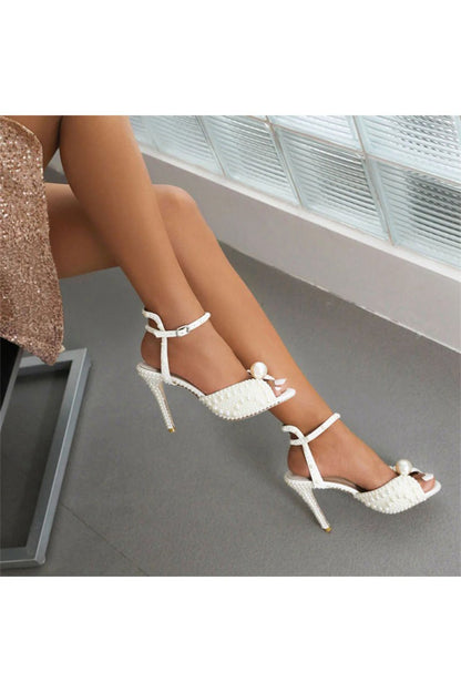 Pearl Wedding Sandals Vintage Peep Toe Ankle Strap Stiletto Bridal Heels