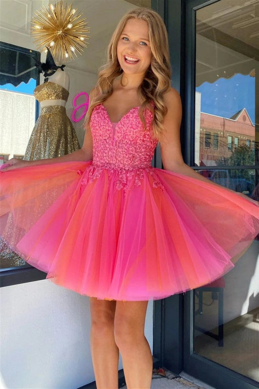 V Neck Straps Appliques Tulle Homecoming Dresses
