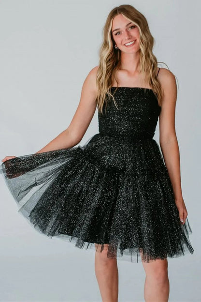 Glitter A-line Spaghetti Straps Tulle Homecoming Dresses