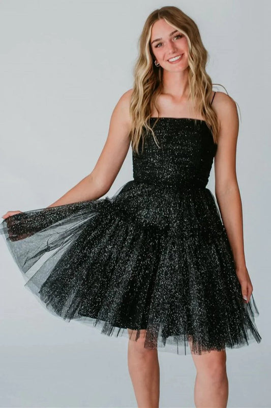 Glitter A-line Spaghetti Straps Tulle Homecoming Dresses