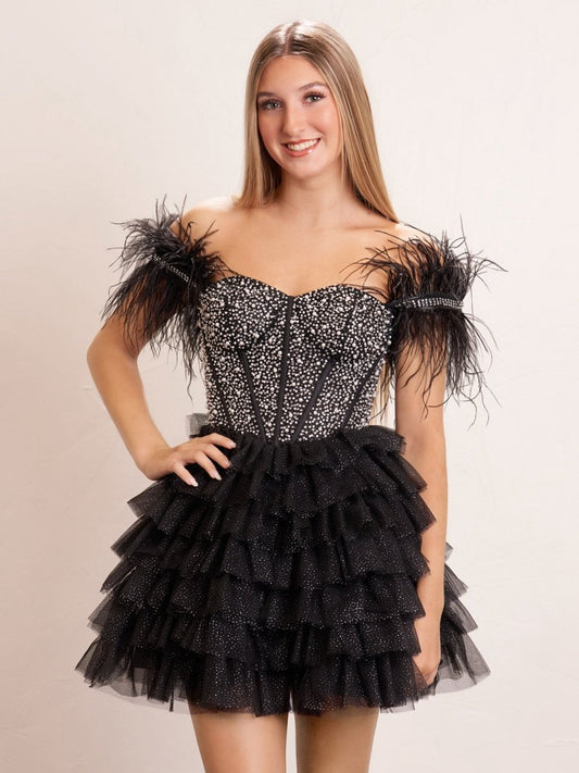 A-line Off the Shoulder Beaded Homecoming Dresses with Feathers