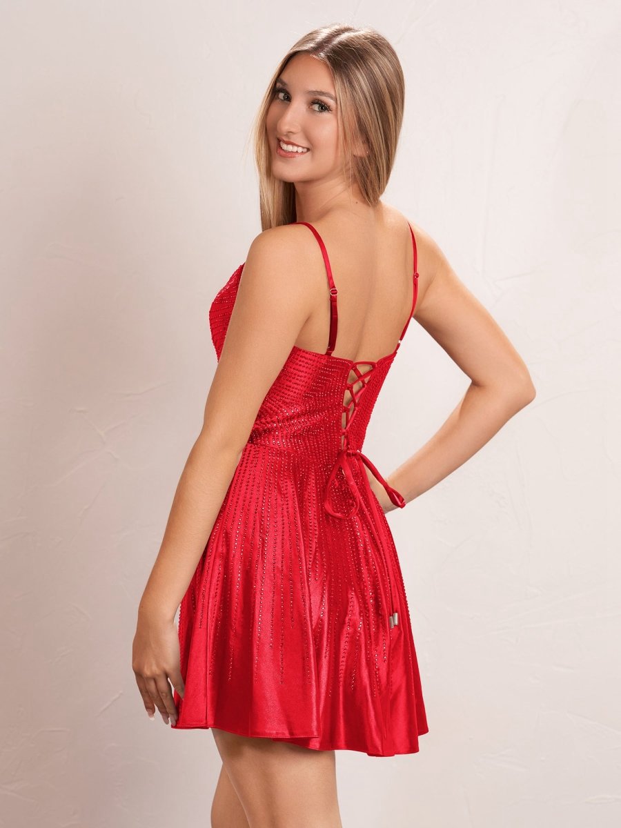 Hot Fix A-line Deep V illusion Short Beaded Homecoming Dresses