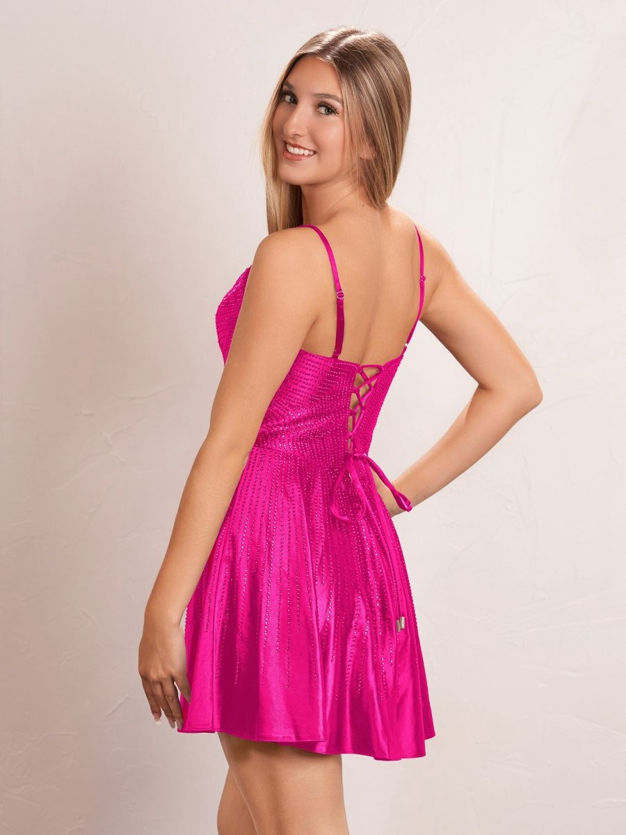 Hot Fix A-line Deep V illusion Short Beaded Homecoming Dresses