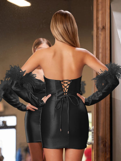 Sheath Satin Strapless Fitted Homecoming Dresses with Long Sleeves