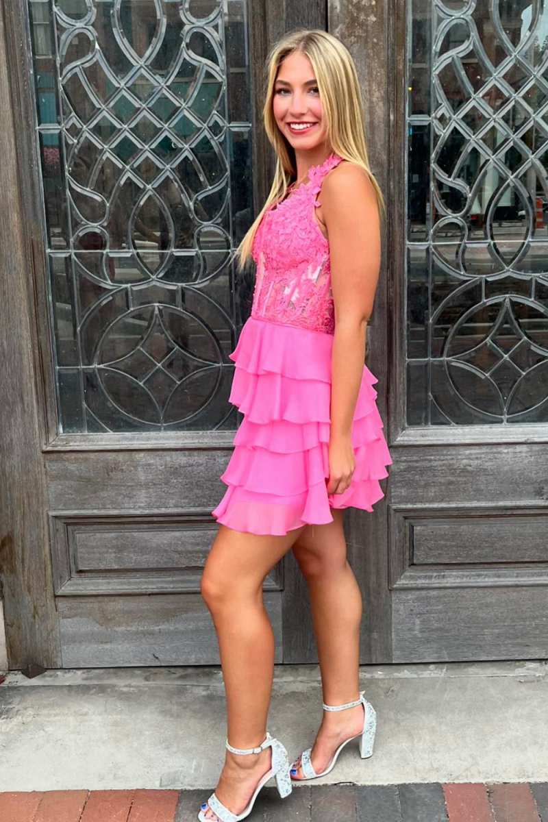 Deep V Neck A-line Chiffon Tie Short Homecoming Dresses with Appliques