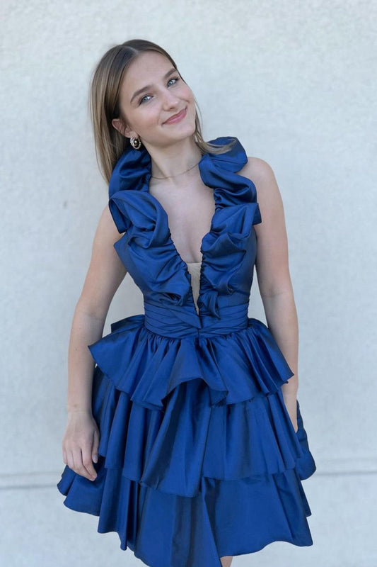 A-line Deep V-Neck Satin Short Homecoming Dresses with Ruffles