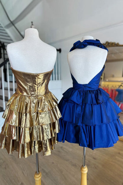 A-line Deep V-Neck Satin Short Homecoming Dresses with Ruffles