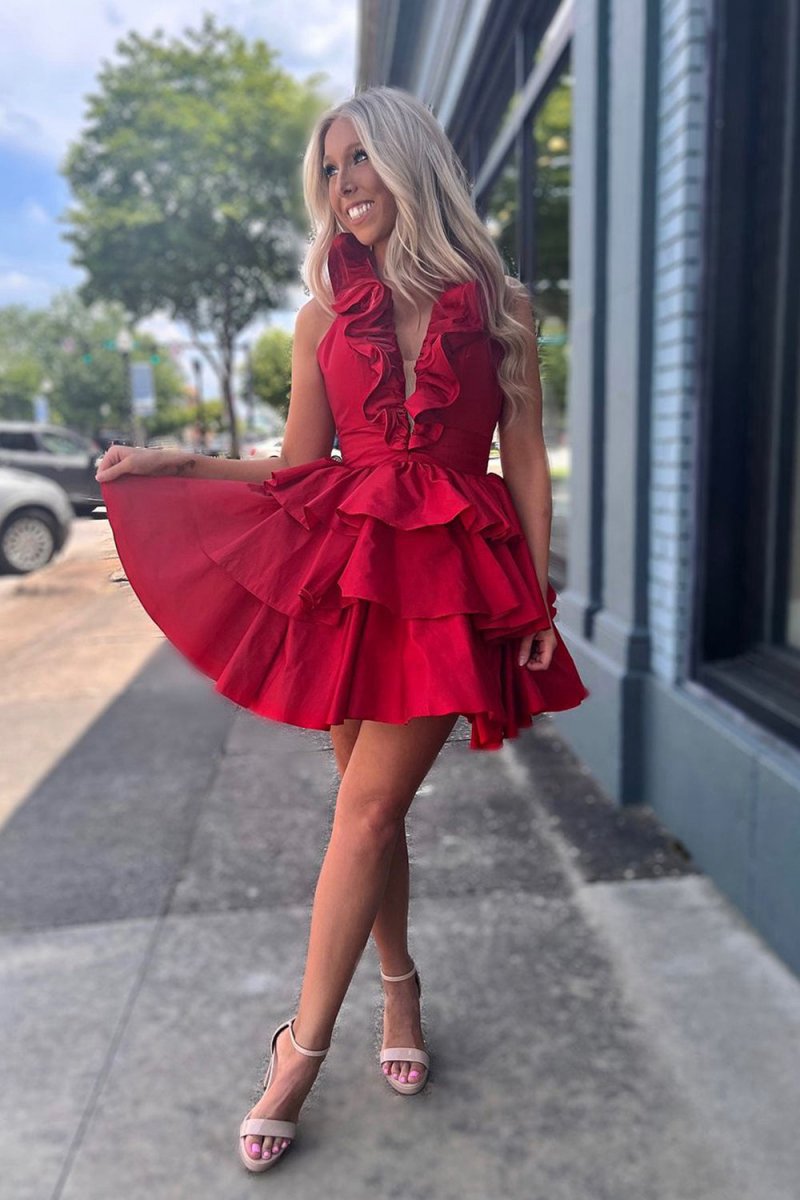 A-line Deep V-Neck Satin Short Homecoming Dresses with Ruffles