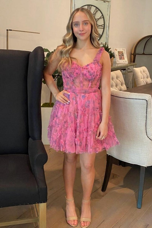 Floral Printed Spaghetti Straps A-line Short Homecoming Dresses