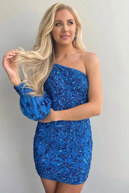 Bodycon One Shoulder Long Sleeve Sequins Short Homecoming Dresses